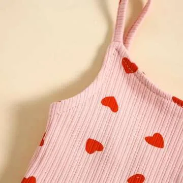 Guodeunh Toddler Baby Girls Bell-Bottoms Jumpsuit Ribbed Sleeveless Spaghetti Straps Romper Heart Print Valentines Outfit (Pink, 12-18 Months)