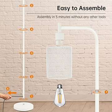 BoostArea White Industrial Floor Lamp, 67 Inch Modern Standing Lamp with Iron Mesh Lampshade, 6W LED Stand Up Lamp for Living Room, Bedroom, Office, Den