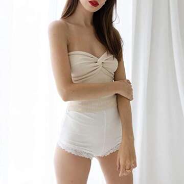 Meladyan Women Twist Knot Front Solid Knit Bandeau Tube Top Sexy Strapless Sleeveless Slim Fit Crop Tank Bustier Apricot