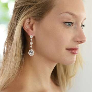 Mariell Bridal Wedding Dangle Earring, Rose Gold CZ Crystal Drop Earring for Bride, Mother of the Bride