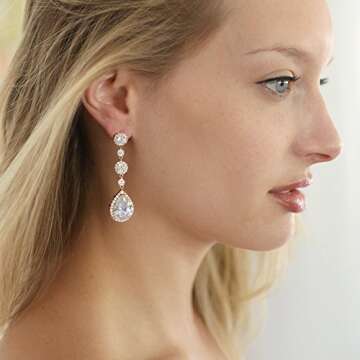 Mariell Bridal Wedding Dangle Earring, Rose Gold CZ Crystal Drop Earring for Bride, Mother of the Bride