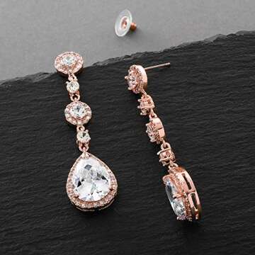 Mariell Bridal Wedding Dangle Earring, Rose Gold CZ Crystal Drop Earring for Bride, Mother of the Bride