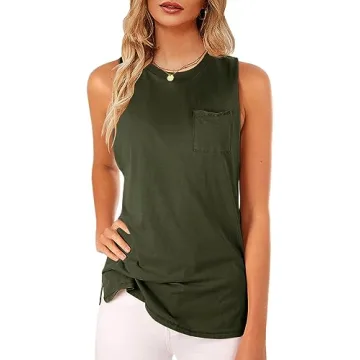 Women's High Neck Tank Top Sleeveless Blouse Plain T Shirts Pocket Cami Summer Tops
