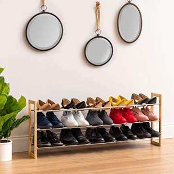 IRIS USA 3-Tier Shoe Rack, Up to 15 Pairs, 25" - 46"L Extendable Shoe Shelf, for Entryway Mudroom, Extendable Shoe Organizer for Closet, Stackable Shoe Storage, Metal Shoe Shelf for Small Space