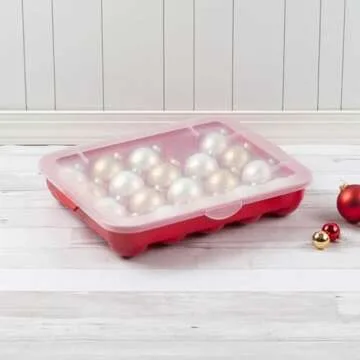 Sterilite 20 Compartment Christmas Holiday Ornament Container Box Home Decor Stackable Storage Case, Red Base with Clear Lid (6 Pack)