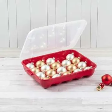 Sterilite 20 Compartment Christmas Holiday Ornament Container Box Home Decor Stackable Storage Case, Red Base with Clear Lid (6 Pack)