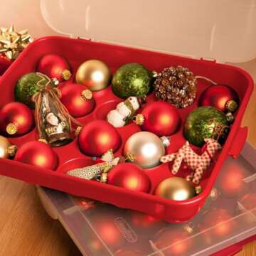 Sterilite 20 Compartment Christmas Holiday Ornament Container Box Home Decor Stackable Storage Case, Red Base with Clear Lid (6 Pack)