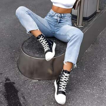 IMPREMEY Women's High Top Sneakers Lace Up Canvas Shoes with Thick Soles and Zipper Walking Shoes Bl...