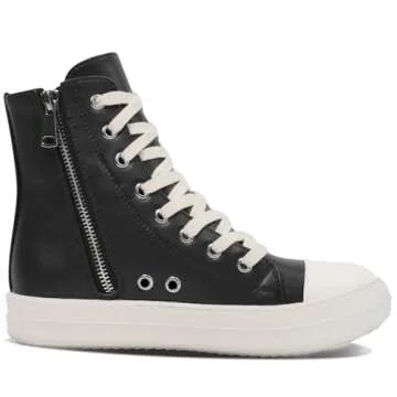 IMPREMEY Women's High Top Sneakers Lace Up Canvas Shoes with Thick Soles and Zipper Walking Shoes Black-pu