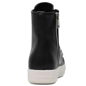 IMPREMEY Women's High Top Sneakers Lace Up Canvas Shoes with Thick Soles and Zipper Walking Shoes Black-pu