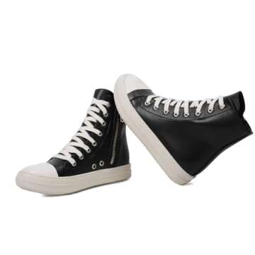IMPREMEY Women's High Top Sneakers Lace Up Canvas Shoes with Thick Soles and Zipper Walking Shoes Black-pu