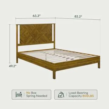 Bme Ethan Queen Bed Frame with Diamond Headboard, Mid-Century Modern, Solid Acacia Wood, No Box Spri...