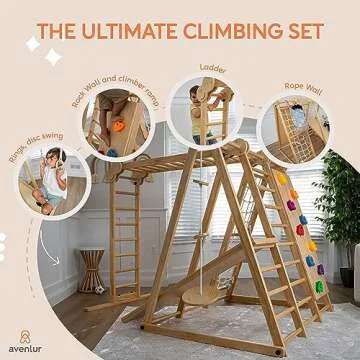 Avenlur Chestnut 8-in-1 Indoor Foldable Playset for Kids - with Slide, Climbing Wall, Monkey Bars, Swing