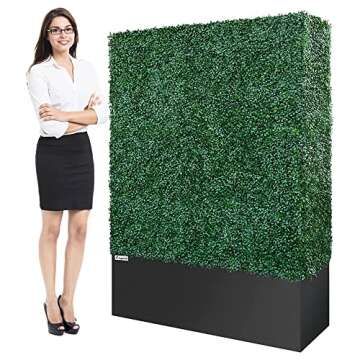 Artigwall Artificial Boxwood Hedge Dividing Wall with Black Stainless Steel Planter Box and Hardware for Home, Patio, Deck, or Office, 64" Hx48 Wx14 D