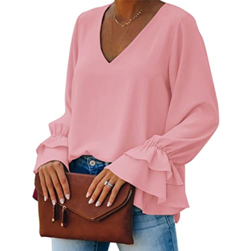 LYANER Women's Casual V Neck Tiered Ruffle Bell Long Sleeve Blouse Shirt Tunic Top Light Pink Large