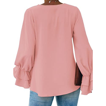 LYANER Women's Casual V Neck Tiered Ruffle Bell Long Sleeve Blouse Shirt Tunic Top Light Pink Large