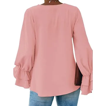 LYANER Women's Casual V Neck Tiered Ruffle Bell Long Sleeve Blouse Shirt Tunic Top Light Pink Large