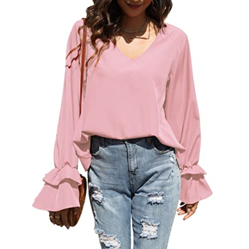 LYANER Women's Casual V Neck Tiered Ruffle Bell Long Sleeve Blouse Shirt Tunic Top Light Pink Large