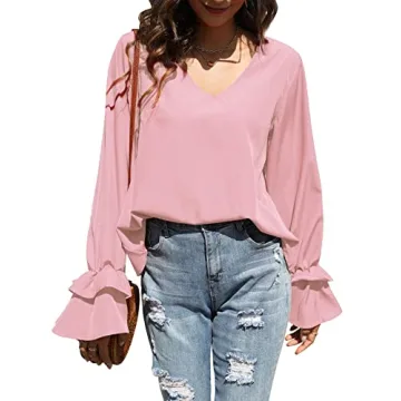 LYANER Women's Casual V Neck Tiered Ruffle Bell Long Sleeve Blouse Shirt Tunic Top Light Pink Large