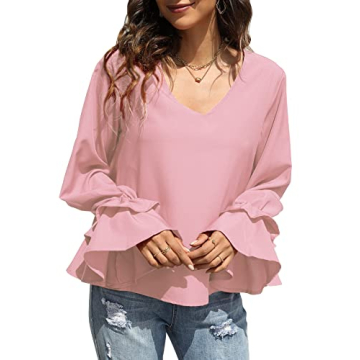 LYANER Women's Casual V Neck Tiered Ruffle Bell Long Sleeve Blouse Shirt Tunic Top Light Pink Large
