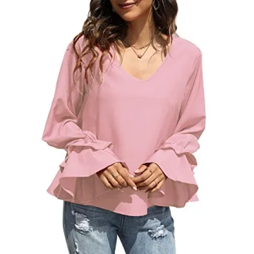 LYANER Women's Casual V Neck Tiered Ruffle Bell Long Sleeve Blouse Shirt Tunic Top Light Pink Large