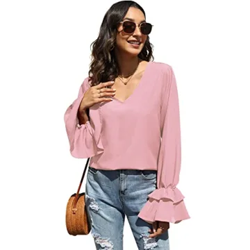 LYANER Women's Casual V Neck Tiered Ruffle Bell Long Sleeve Blouse Shirt Tunic Top Light Pink Large