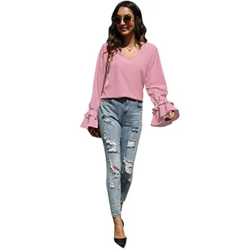 LYANER Women's Casual V Neck Tiered Ruffle Bell Long Sleeve Blouse Shirt Tunic Top Light Pink Large