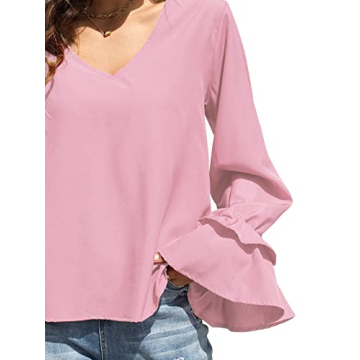 LYANER Women's Casual V Neck Tiered Ruffle Bell Long Sleeve Blouse Shirt Tunic Top Light Pink Large