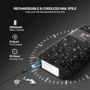 Lavinda Professional Nail Drill Machine, Electric Nail Drill Kit for Acrylic Gel Nails, 35000RPM Cordless Portable Nail Drill with Black Rhinestones, Rechargeable Nail E File Manicure Tools (Black)