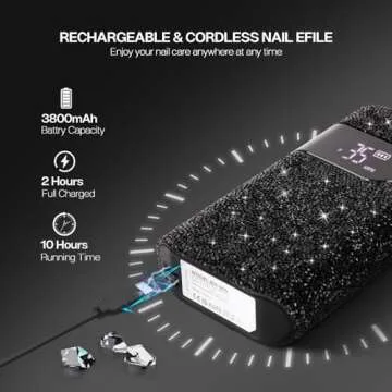 Lavinda Professional Nail Drill Machine, Electric Nail Drill Kit for Acrylic Gel Nails, 35000RPM Cordless Portable Nail Drill with Black Rhinestones, Rechargeable Nail E File Manicure Tools (Black)