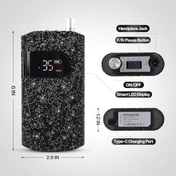 Lavinda Professional Nail Drill Machine, Electric Nail Drill Kit for Acrylic Gel Nails, 35000RPM Cordless Portable Nail Drill with Black Rhinestones, Rechargeable Nail E File Manicure Tools (Black)