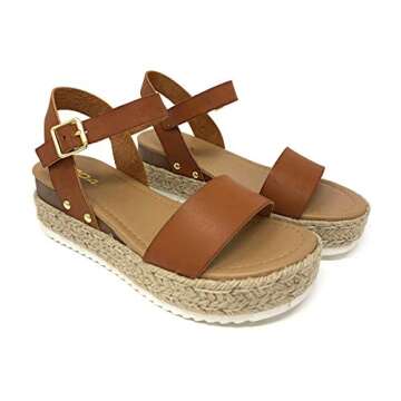 SODA Womens JDTopic2 Casual Espadrille Trim Rubber Sole Flatform Studded Wedge Buckle Ankle Strap Open Toe Sandals Tan, 9