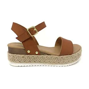 SODA Womens JDTopic2 Casual Espadrille Trim Rubber Sole Flatform Studded Wedge Buckle Ankle Strap Open Toe Sandals Tan, 9