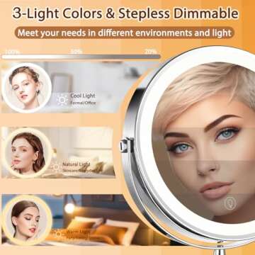 AMZTOLIFE 10X Lighted Makeup Mirror, 9" Rechargeable Magnifying Mirror with 3 Colors, 1x/10x Double ...