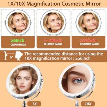AMZTOLIFE 10X Lighted Makeup Mirror, 9" Rechargeable Magnifying Mirror with 3 Colors, 1x/10x Double Sided Touch Screen Vanity Mirror, Brightness Adjustable Cosmetic Light up Mirror, Gift for Women