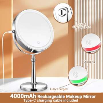 AMZTOLIFE 10X Lighted Makeup Mirror, 9" Rechargeable Magnifying Mirror with 3 Colors, 1x/10x Double Sided Touch Screen Vanity Mirror, Brightness Adjustable Cosmetic Light up Mirror, Gift for Women