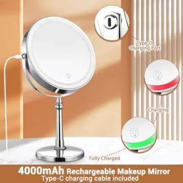 AMZTOLIFE 10X Lighted Makeup Mirror, 9" Rechargeable Magnifying Mirror with 3 Colors, 1x/10x Double Sided Touch Screen Vanity Mirror, Brightness Adjustable Cosmetic Light up Mirror, Gift for Women