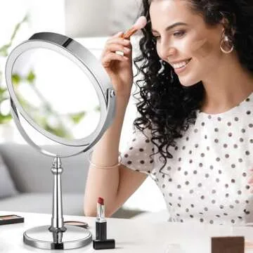 AMZTOLIFE 10X Lighted Makeup Mirror, 9" Rechargeable Magnifying Mirror with 3 Colors, 1x/10x Double Sided Touch Screen Vanity Mirror, Brightness Adjustable Cosmetic Light up Mirror, Gift for Women