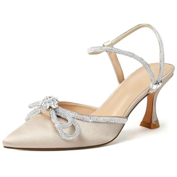 Susanny Wedding Shoes for Women Low Heel Bridal Shoes Bow Heels Pumps Nude Rhinestone Heels Bride Pa...
