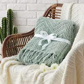 Sage Green Chenille Throw Blanket for Cozy Living
