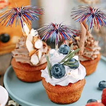 200 Pcs 4th of July Cocktail Firework Picks Red Blue Silvery Firework Picks Wood Food Firework Stick Patriotic Cocktail Decorations, July Independence Day Party Supplies