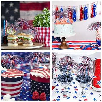 200 Pcs 4th of July Cocktail Firework Picks Red Blue Silvery Firework Picks Wood Food Firework Stick Patriotic Cocktail Decorations, July Independence Day Party Supplies