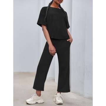 Fisoew Womens 2 Piece Outfits Workout Short Sleeve T Shirts and Wide Leg Pants Tracksuit Running Sets with Pockets