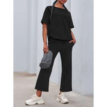 Fisoew Womens 2 Piece Outfits Workout Short Sleeve T Shirts and Wide Leg Pants Tracksuit Running Sets with Pockets