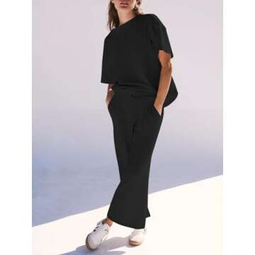 Fisoew Womens 2 Piece Outfits Workout Short Sleeve T Shirts and Wide Leg Pants Tracksuit Running Sets with Pockets