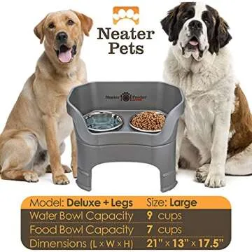 Neater Feeder Deluxe Mess Proof Dog Bowls Elevated for Large Dogs – Made in USA – No Spill Raised Dog Food Bowl Stand w/Leg Extensions – Stainless Steel Dog Food and Water Bowl Set – Grey