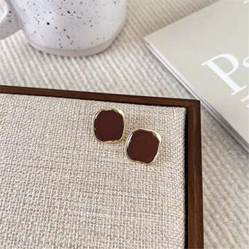 JustMoMoMin Vintage Brown Enamel Gold Trim Irregular Square Ear Studs for Women Earrings