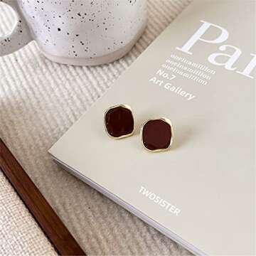 JustMoMoMin Vintage Brown Enamel Gold Trim Irregular Square Ear Studs for Women Earrings