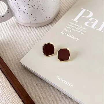 JustMoMoMin Vintage Brown Enamel Gold Trim Irregular Square Ear Studs for Women Earrings