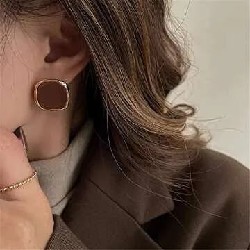 JustMoMoMin Vintage Brown Enamel Gold Trim Irregular Square Ear Studs for Women Earrings